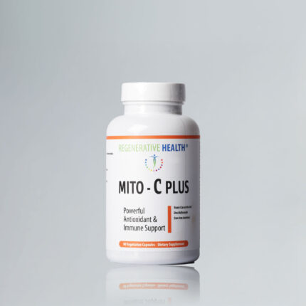 A professional product photograph of a white bottle of Regenerative Health's Mito-C Plus supplements, which provides antioxidant and immune support.