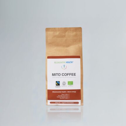A professional product photograph of a brown paper bag of Regenerative Health's Mito Coffee. The label details its organic and Fairtrade certifications. The bag is shown on a reflective surface against a grey background.